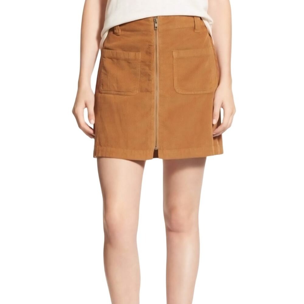 Madewell Zip Front Corduroy Mini Skirt Brown Tan Lightweight Patch Pockets 26